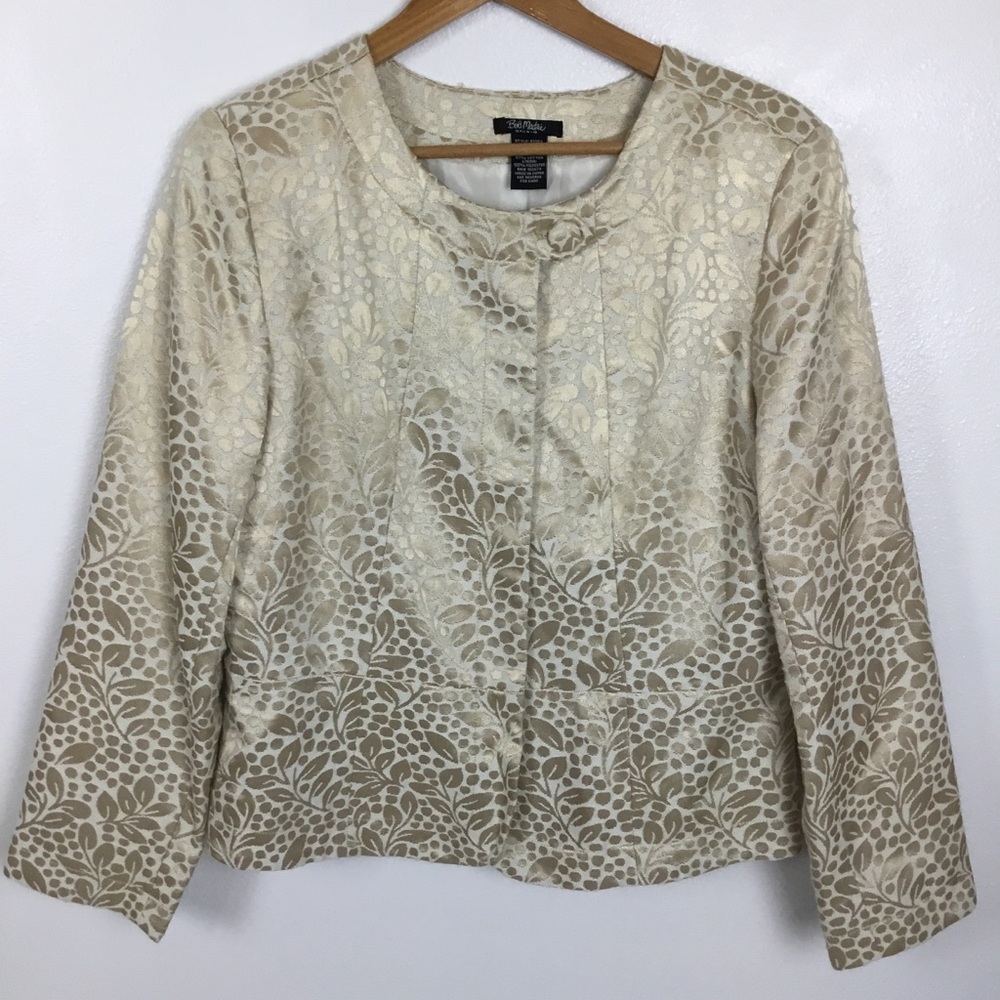 BOB MACKIE Creamy Gold Botanic Polka Dots Print Peplum Jacket Size 14 - Picture 2 of 12